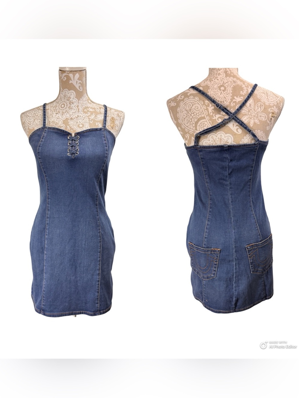 True Religion Size Small Stretch Lace Up Denim Slip Mini Dress Logo Pockets